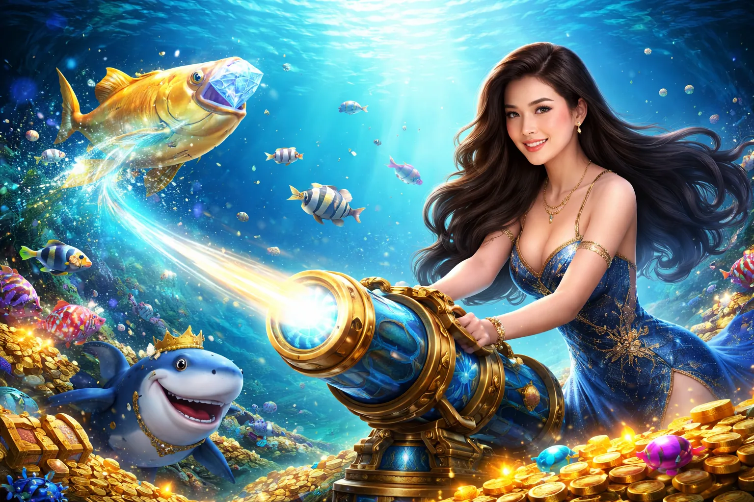 Hình ảnh đại dương rực rỡ với các loài cá và kho báu trong game bắn cá online